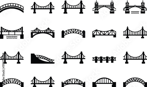 Bridge silhouette illustration set, architectural design artwork, structural icon vector motif, engineering graphic symbol, black white construction element