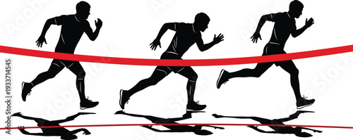 Running men silhouettes crossing finish line, marathon race winners isolated vector illustration