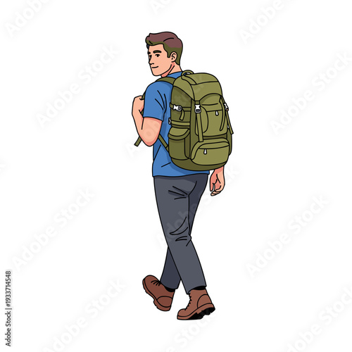 Man with Backpack Walking Away Illustration.