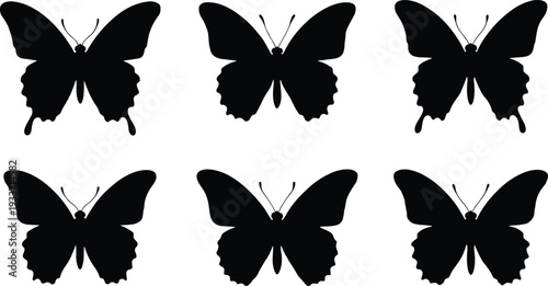 Butterfly silhouette illustration set, insect wing artwork, nature vector design, decorative graphic icon, black white pattern recognition symbol