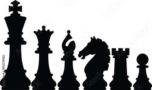 Chess piece silhouette illustration set, strategic board game artwork, king queen bishop knight rook pawn vector design icon