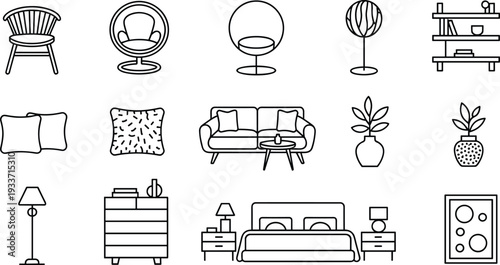 Modern home furniture and interior decor outline icons set featuring sofa, bed, chairs and decorative elements vector
