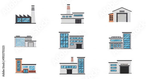 Warehouse Buildings Collection Vector Illustrations.