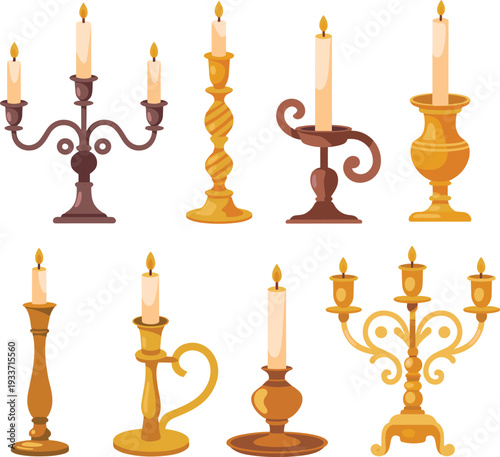 Vintage candlestick and ornate candelabra collection with classic golden candle holders isolated on white background vector illustration