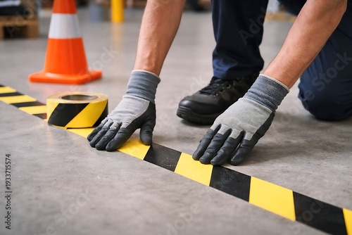 Applying floor marking tape for hazard zone safety in warehouse