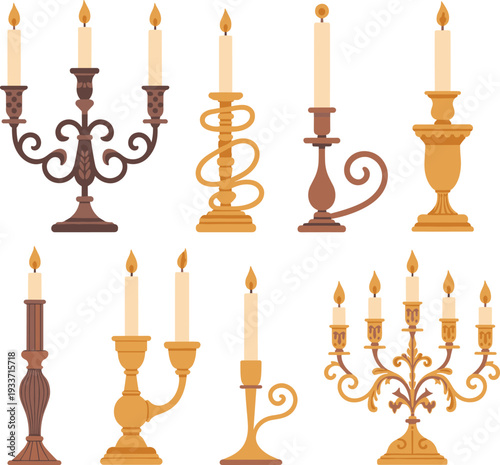 Vintage candle holder and candelabra collection with classic ornate candlestick designs isolated on white background vector illustration