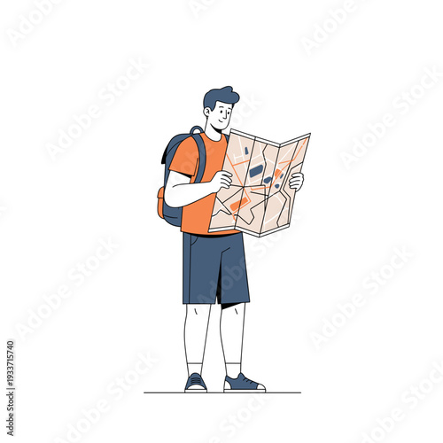 Young Man Tourist Reading a Map.