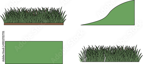Green grass border set with lawn patches and grassy hill slope flat vector illustration isolated on white background for landscape design elements