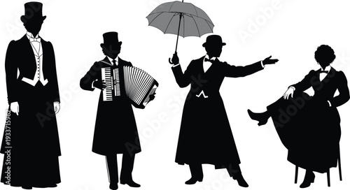 Victorian gentleman and lady silhouettes collection, vintage people in formal attire with umbrella and accordion vector illustration set