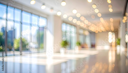 Bright Modern Interior with Soft Bokeh Lights and Glass Windows