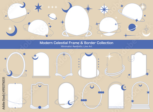 モダン天体フレーム＆ボーダーセット：ミニマルな月と星の線画素材集