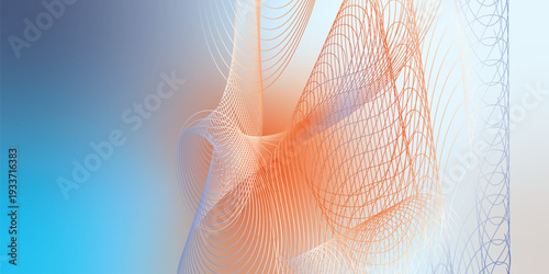 Abstract orange, azure, and white gradient backdrop with floating light particles and smooth curves, modern tech concept, vector style