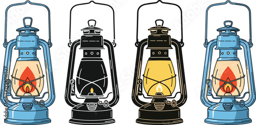 Vector illustration set of vintage oil lanterns including blue kerosene lamps with glowing flames, a solid black silhouette, and a gold lantern version.