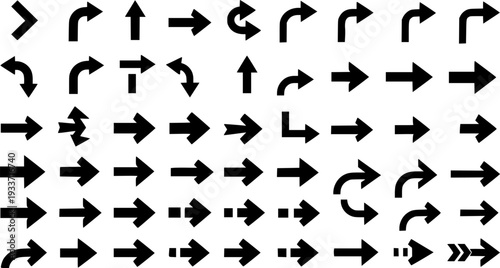 Collection of Black Vector Arrow Icons in Various Shapes and Styles, Including Curved, Straight, Double-Ended, and Navigation Arrows for UI Design