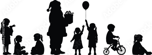 Black silhouette of Santa Claus giving a gift box to a group of diverse children playing with toys, balloons and riding a tricycle bike.