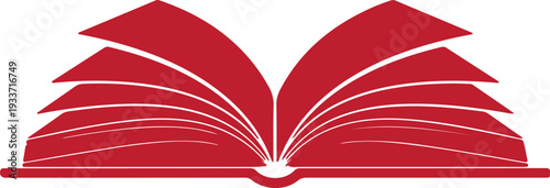 Minimalist open book design in a striking red hue, symbolizing the endless journey of reading, educational growth, and the pursuit of knowledge in a versatile graphic