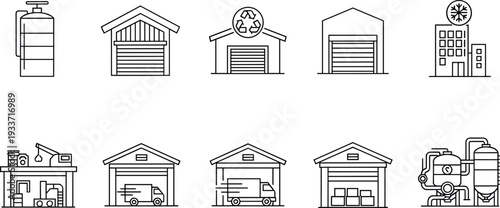 Warehouse and industrial storage line icon set, logistics delivery, recycling factory, cold storage and manufacturing outline vector illustration