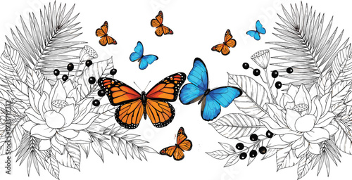 Cuadro en lienzo Colorful monarch and blue morpho butterflies flying over hand drawn black and white tropical lotus flowers and palm leaves isolated on white background