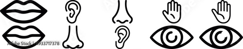 human senses outline icons lips ear nose eye, five senses line symbol collection vector set, sensory organs minimal black outline pack