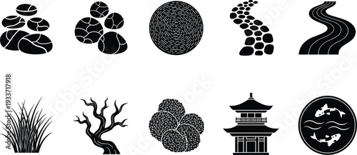 Zen garden and Japanese landscape icon set, stones path tree pagoda koi vector silhouette illustration collection