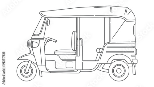 Auto-rickshaw Line Art: A detailed line drawing of a classic auto-rickshaw, showcasing its unique three-wheeled design and iconic features. 