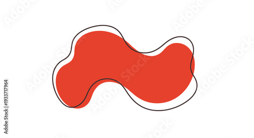 Abstract Organic Blob Shape, Red Fluid Form with Black Outline on White Background