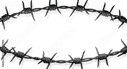 Barbed Wire Circle Frame Border on White Background, Symbol of Restriction and Danger
