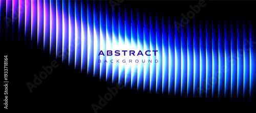 Neon abstract background with glowing blue wave light and futuristic vertical lines on dark backdrop. Modern digital technology vector design with vibrant gradient and dynamic energy effect