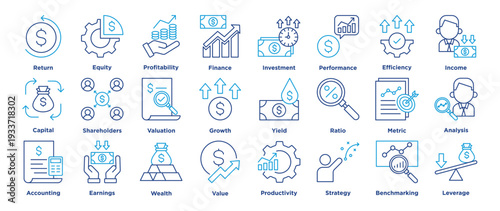 Return on Equity icon set featuring return, equity, profitability, finance, investment, performance, efficiency and income. outline vector