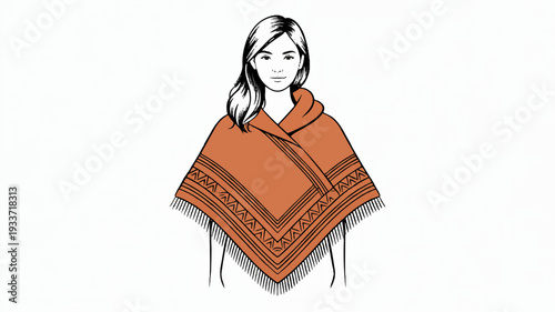 Woman wearing orange poncho with intricate patterns and fringe standing alone in neutral background