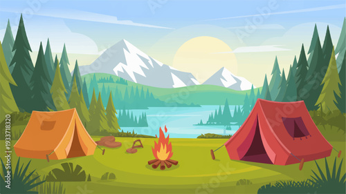 Camping tents by serene lake with snow capped mountains at sunset surrounded by evergreen trees and a campfire
