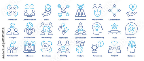 Human Interaction icon set featuring interaction, communication, social, connection, relationship, engagement, collaboration and empathy. vector editable 