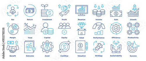 ROI (return on investment) icon set illustrating efficiency, productivity, analysis, finance, accounting, cashflow, assets, strategy, optimization and success. vector editabble