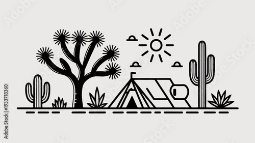 Camping in desert landscape with tent cacti and joshua tree under sunny sky
