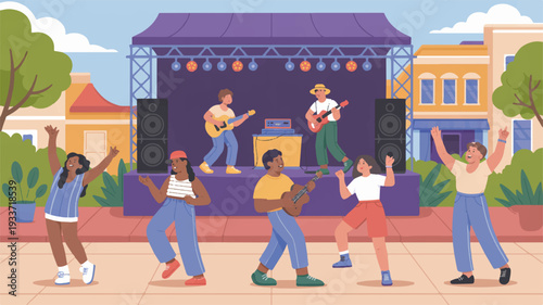 Diverse people dancing and enjoying live music at outdoor festival with band on stage