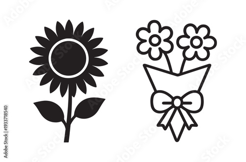 Simple black and white illustration of a sunflower and flower bouquet