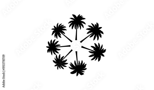 Modern Monochrome Palm Tree Badge Design with Six Tropical Summer Silhouettes