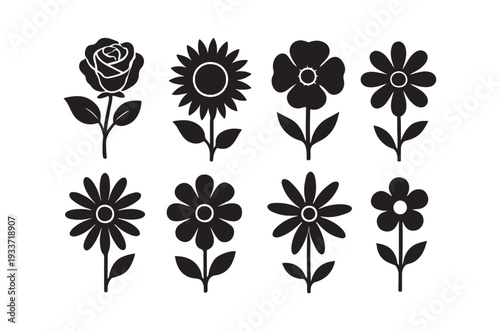 Black silhouettes depicting a variety of different flower types