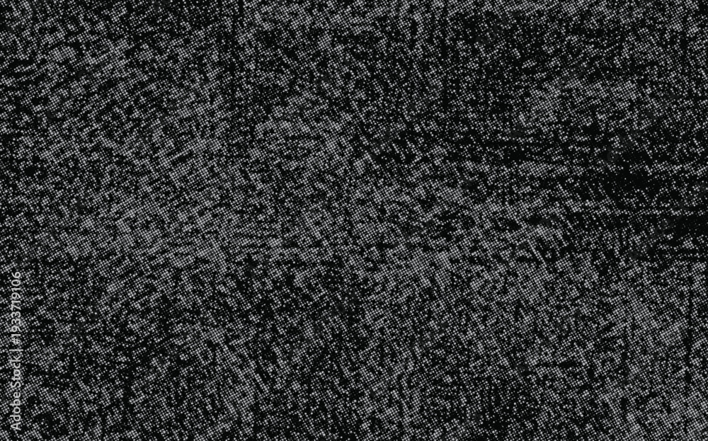 Fototapeta premium Dark grungy halftone texture background with distorted white dotted pattern on black background.