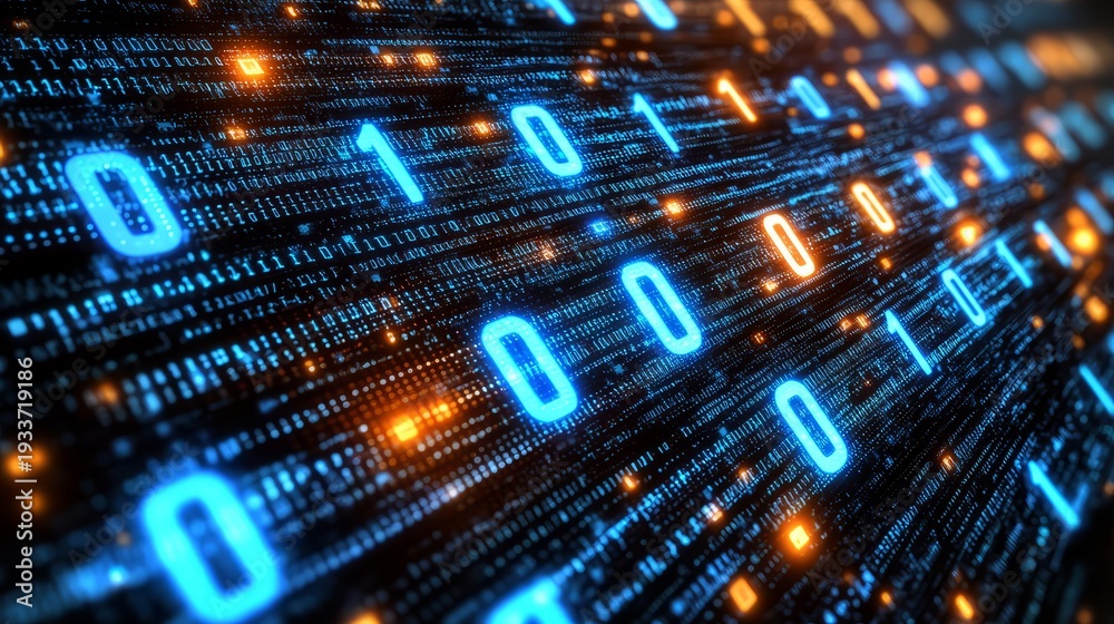 Obraz premium Binary code with glowing blue and orange digits on a dark background representing digital data and technology