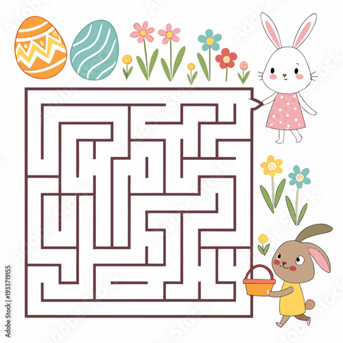 Easter Activity Maze Worksheet for Kids, Educational Puzzle Game with Bunny and Eggs, Flat Vector Illustration for School and Home Learning