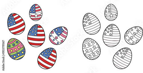 Patriotic USA Easter eggs with stars and stripes patterns, colored and outline vector coloring page.