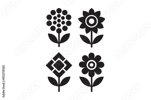 Four stylized floral icons in black and white arranged in a grid