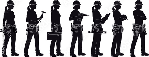 Female construction worker silhouette collection with tools, helmet and toolbox isolated on light background, professional builder vector set for industry and labor design
