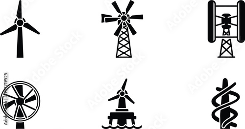 Wind Turbine Icon Set with Renewable Energy Symbols, Offshore Wind Farm, Vertical Axis Turbine, and Sustainable Power Generation Illustrations for Green Technology and Environmental Industry