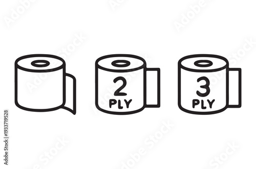 Three rolls of toilet paper with ply numbers two and three shown