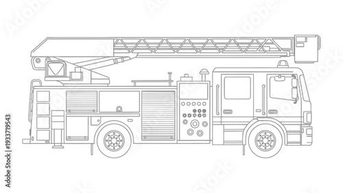 Fire Truck: Detailed line art of a modern fire truck, ready to respond to emergencies, showcasing its ladder and design. 