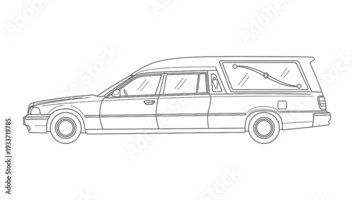 Hearse Illustration: A detailed line drawing of a classic hearse, symbolizing remembrance and transition, is isolated, offering a stark representation of the vehicle