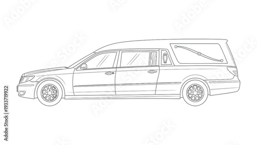 Hearse Illustration: A detailed line drawing of a hearse, representing a symbol of solemnity and transport.