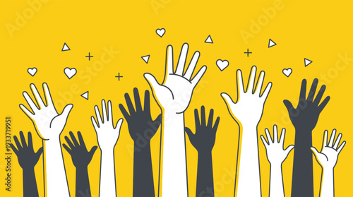 Diverse hands raised up on a yellow background symbolizing community and support